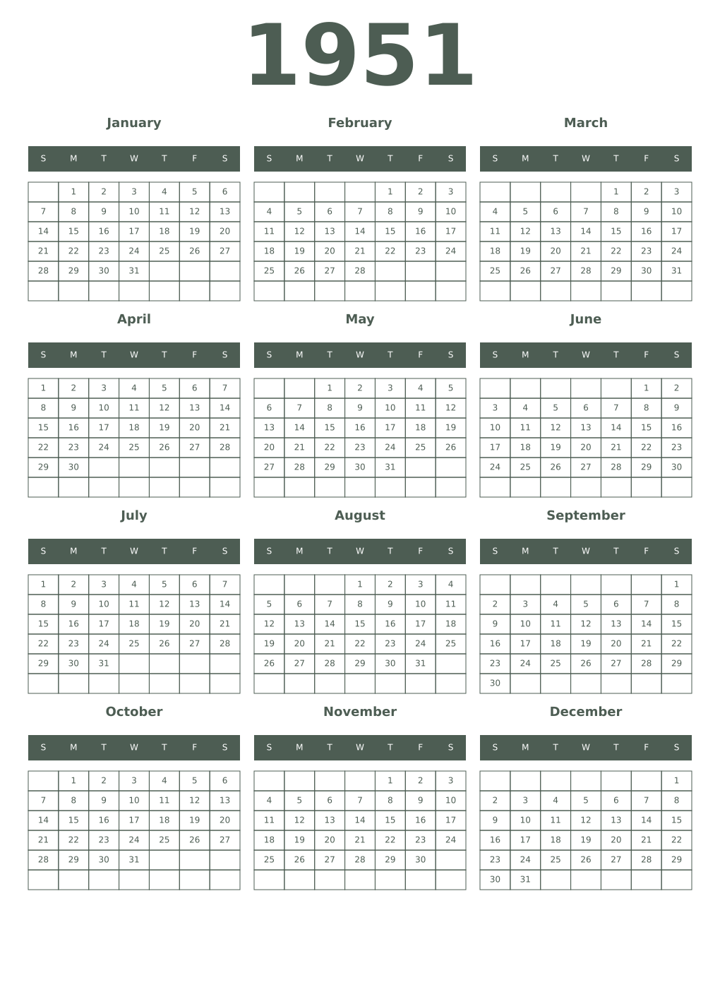 Printable 1951 Year Calendars feldgrau