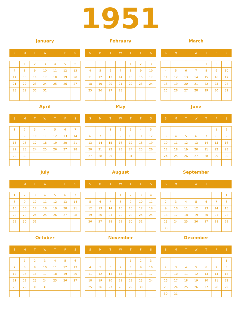 Printable 1951 Year Calendars gamboge