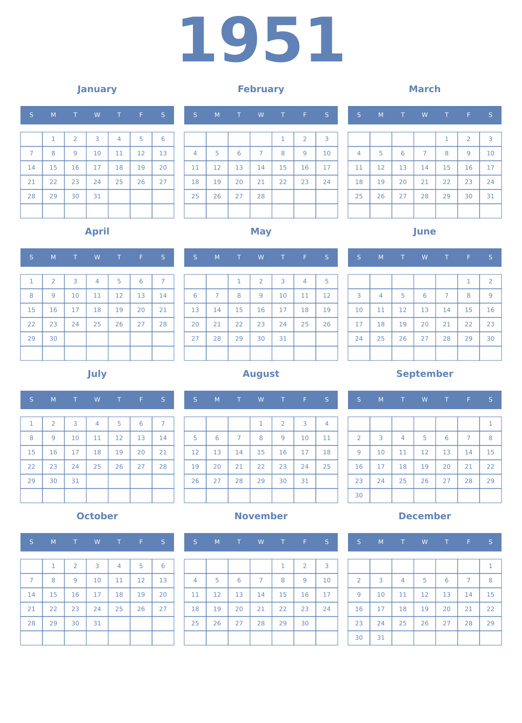 Printable 1951 Year Calendars glaucous