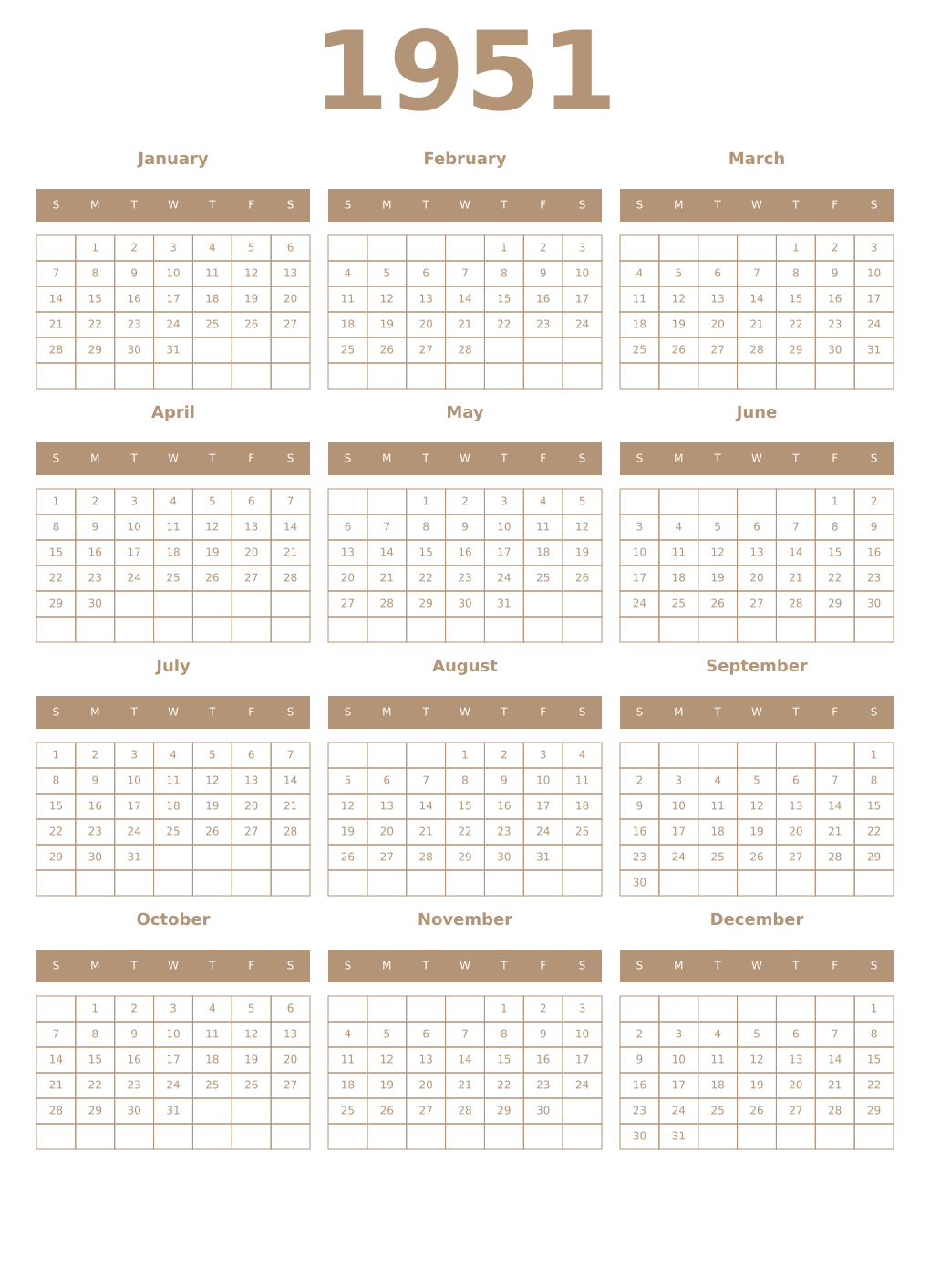 Printable 1951 Year Calendars isabelline