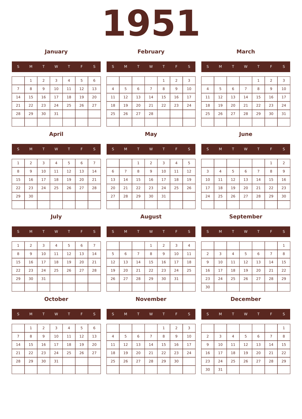 Printable 1951 Year Calendars mortuum