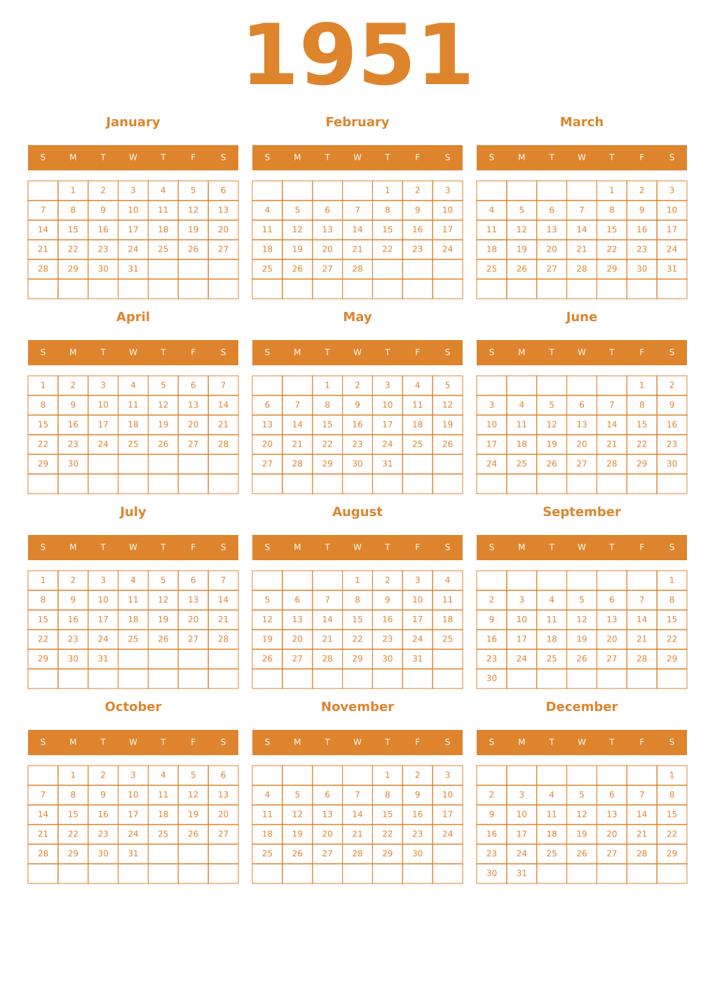 Printable 1951 Year Calendars orange