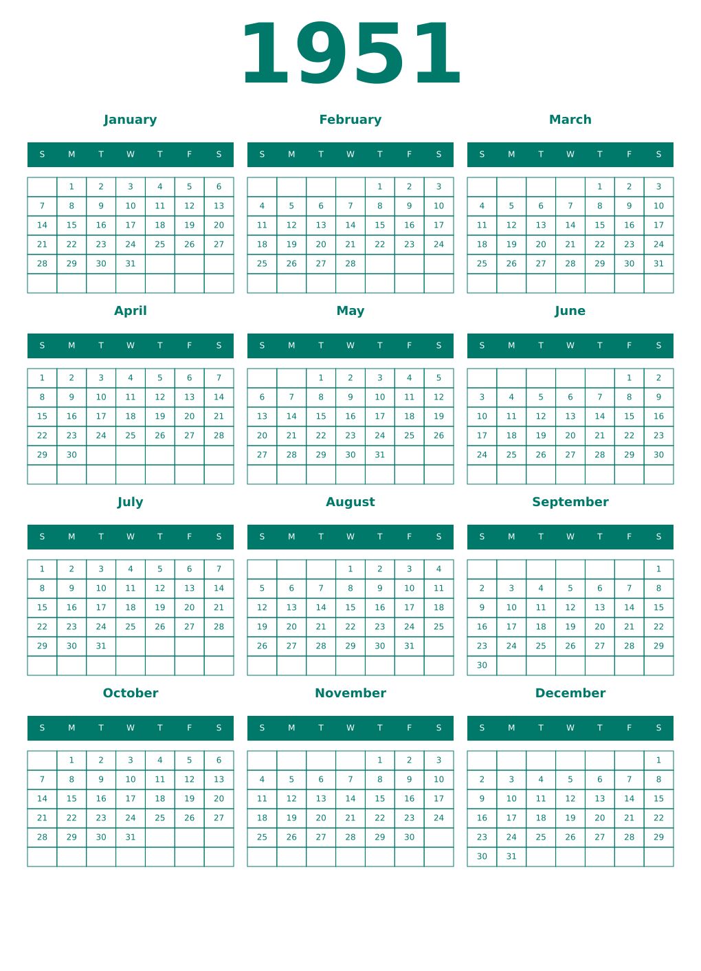 Printable 1951 Year Calendars pastel