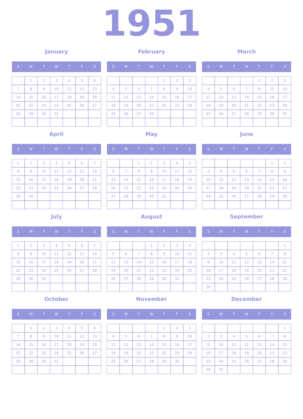Printable 1951 Year Calendars periwinkle