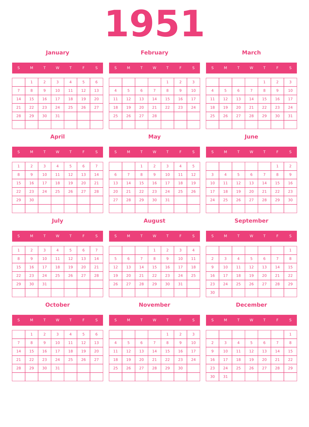 Printable 1951 Year Calendars pink