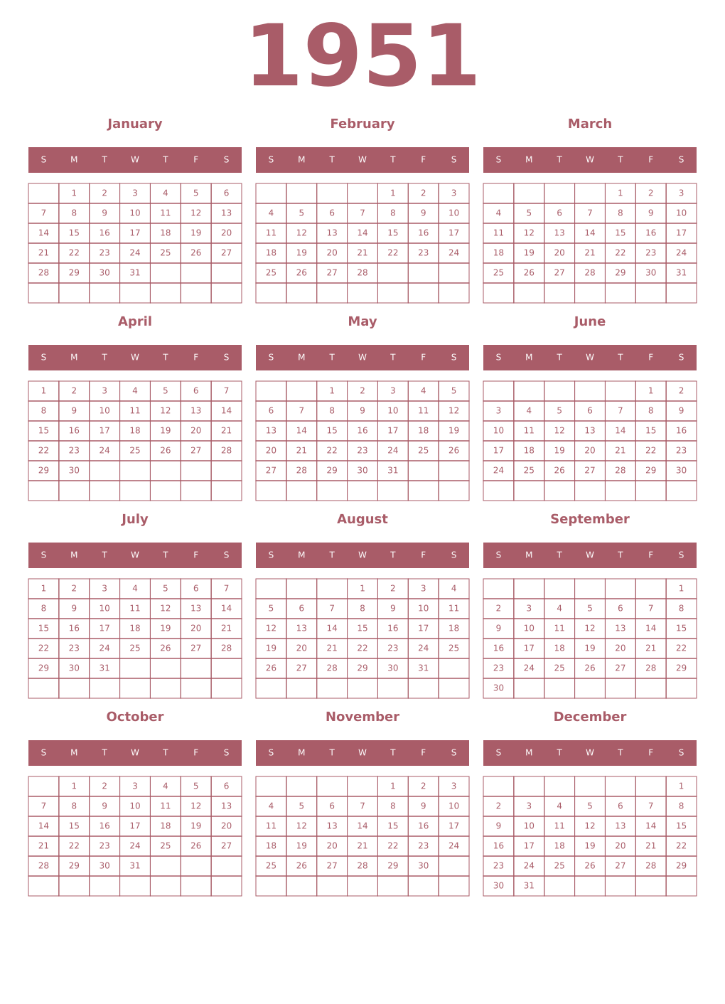 Printable 1951 Year Calendars puce