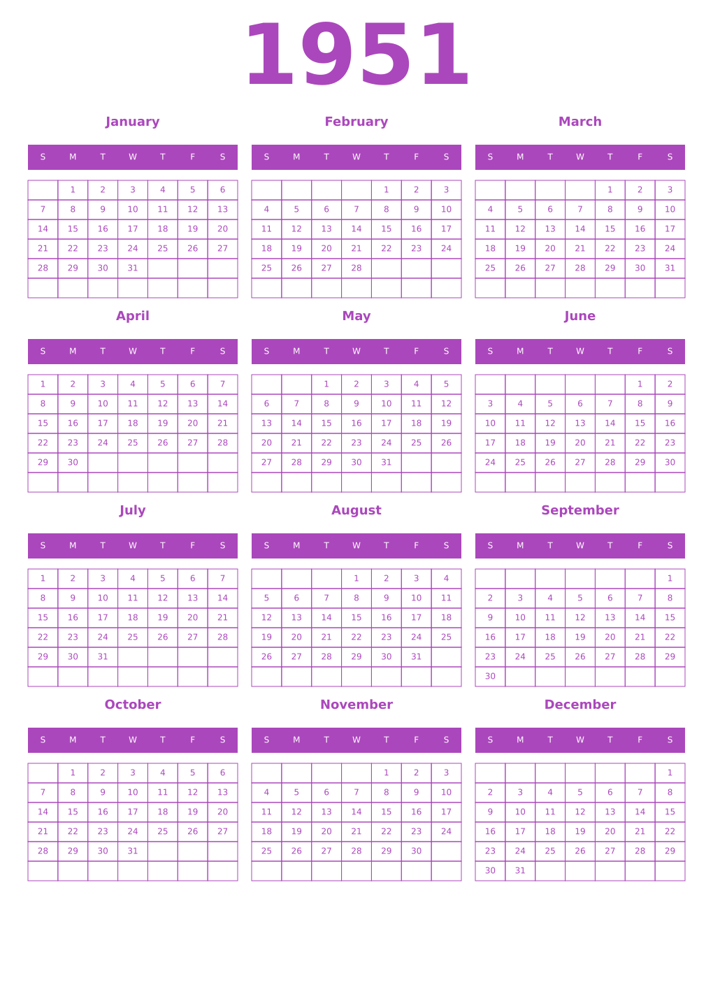 Printable 1951 Year Calendars purple