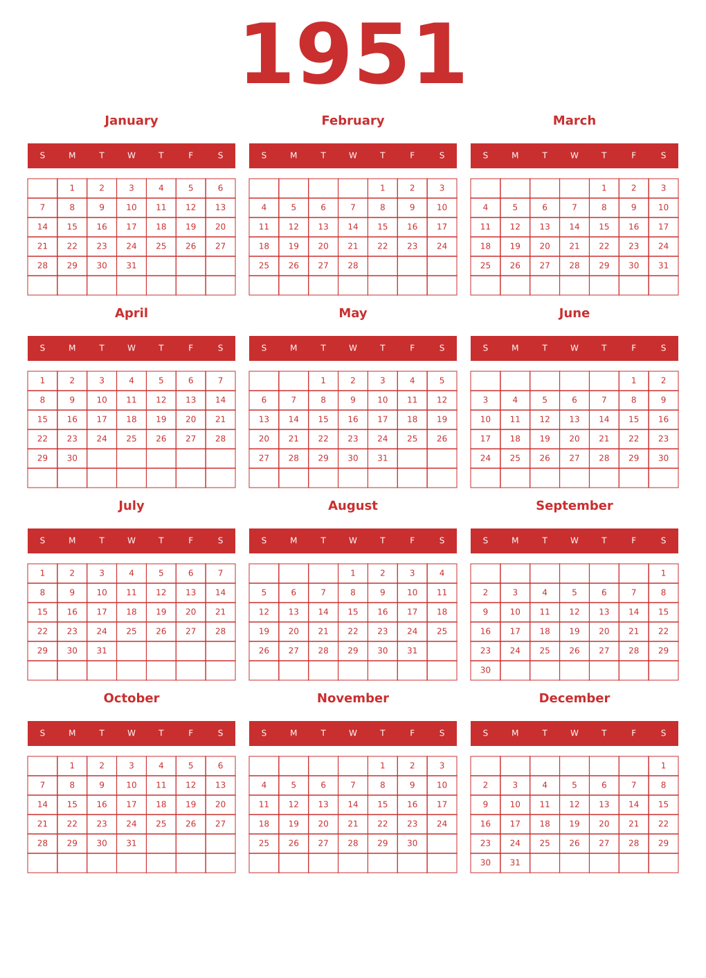 Printable 1951 Year Calendars red