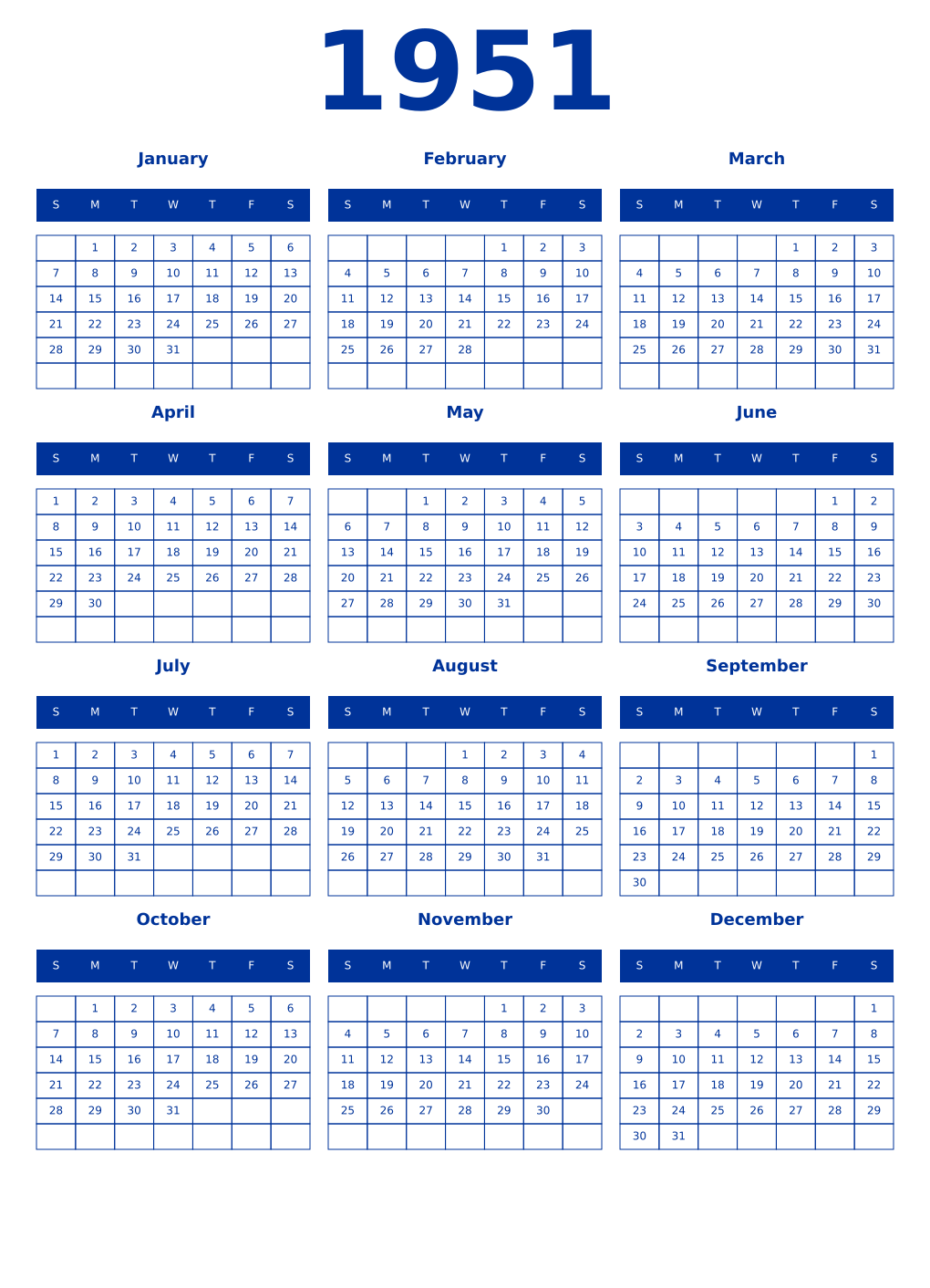 Printable 1951 Year Calendars smalt