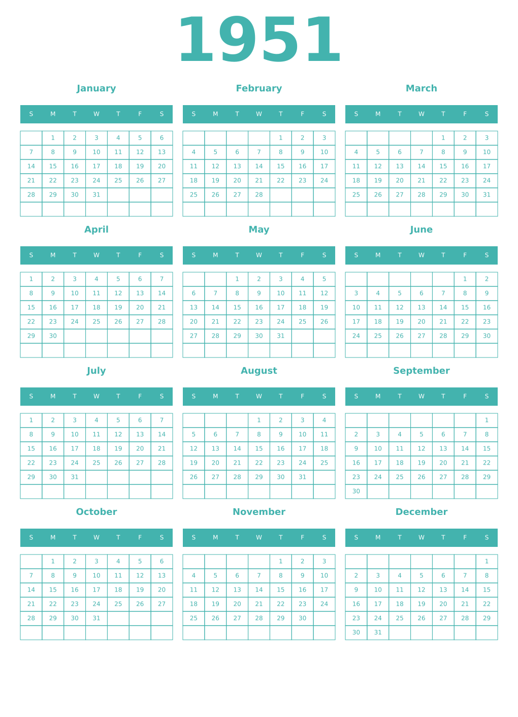 Printable 1951 Year Calendars verdigris