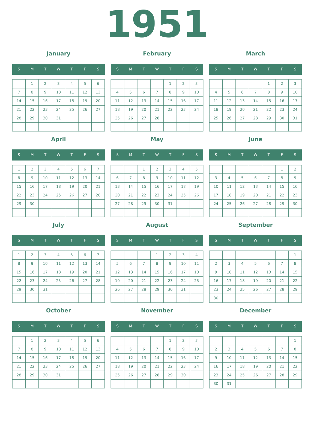 Printable 1951 Year Calendars viridian