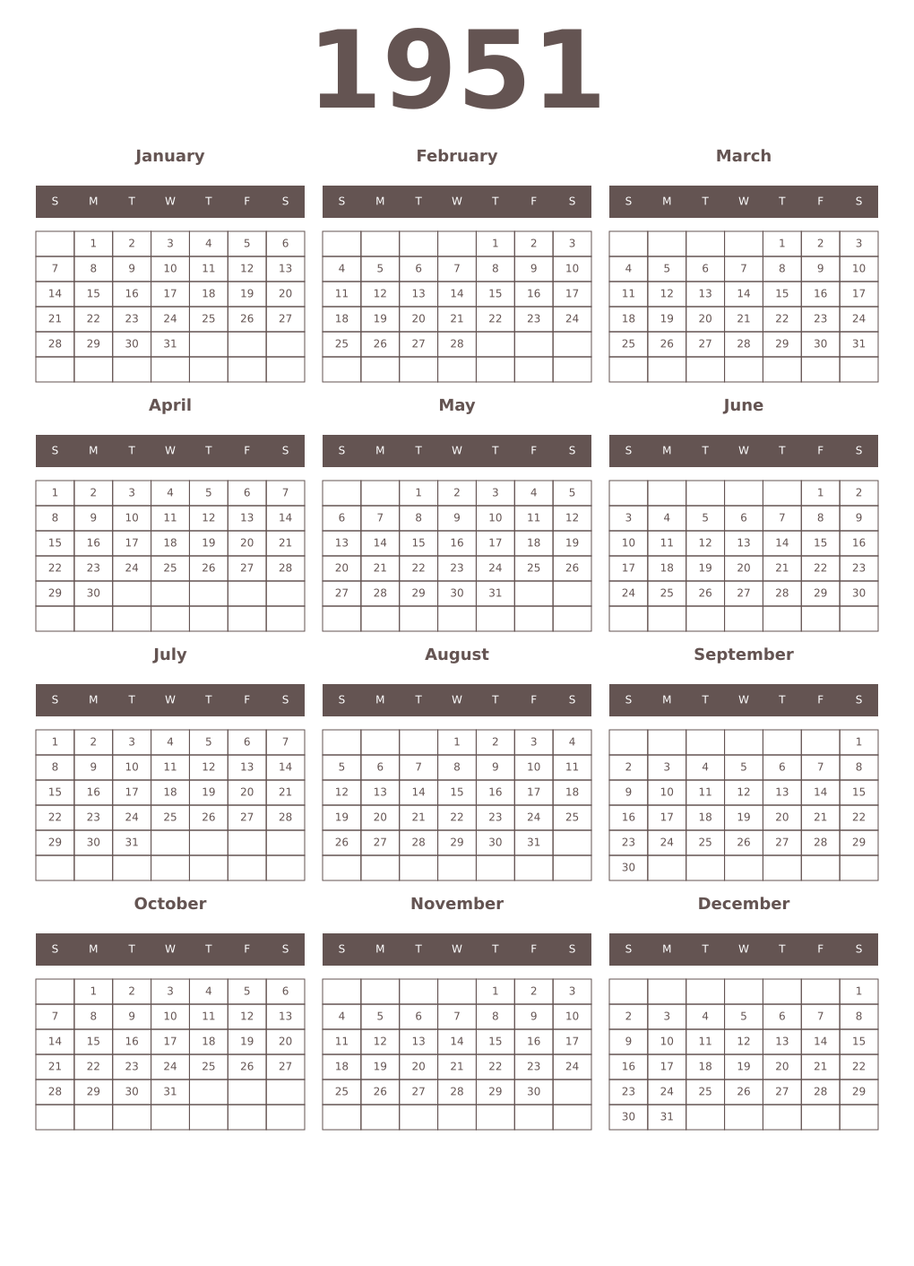 Printable 1951 Year Calendars wenge