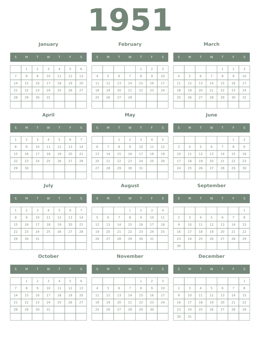 Printable 1951 Year Calendars xanadu