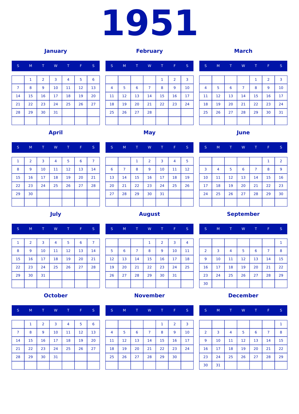 Printable 1951 Year Calendars zaffre
