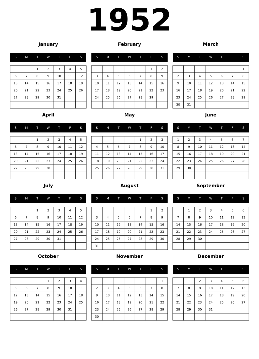 Printable 1952 Calendars