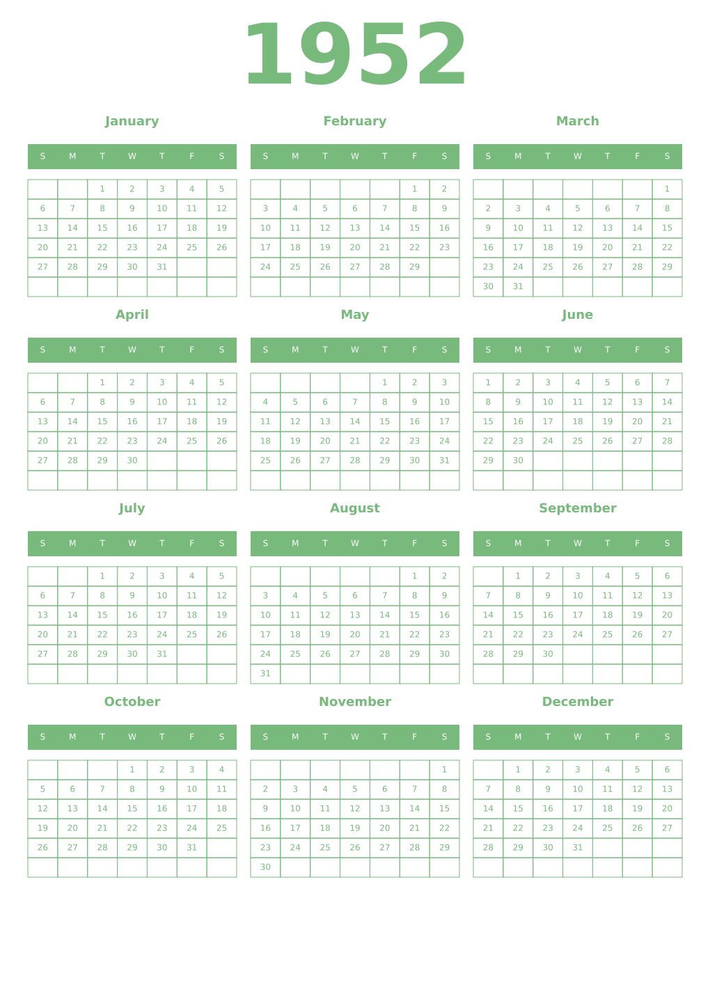 Printable 1952 Year Calendars celadon