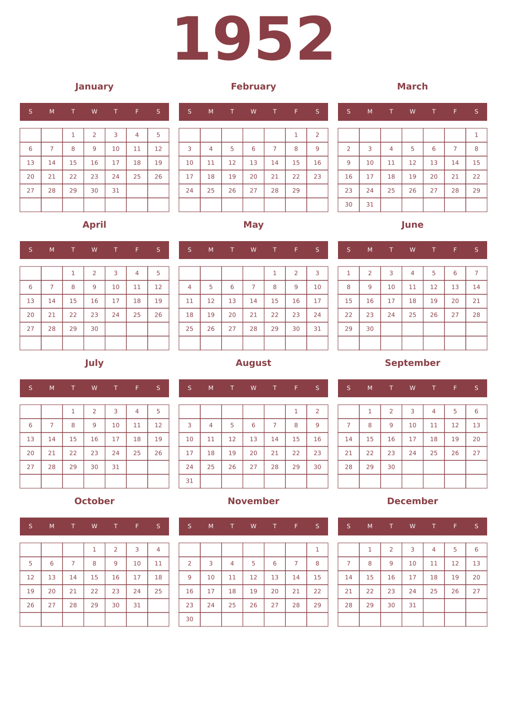 Printable 1952 Year Calendars cordovan