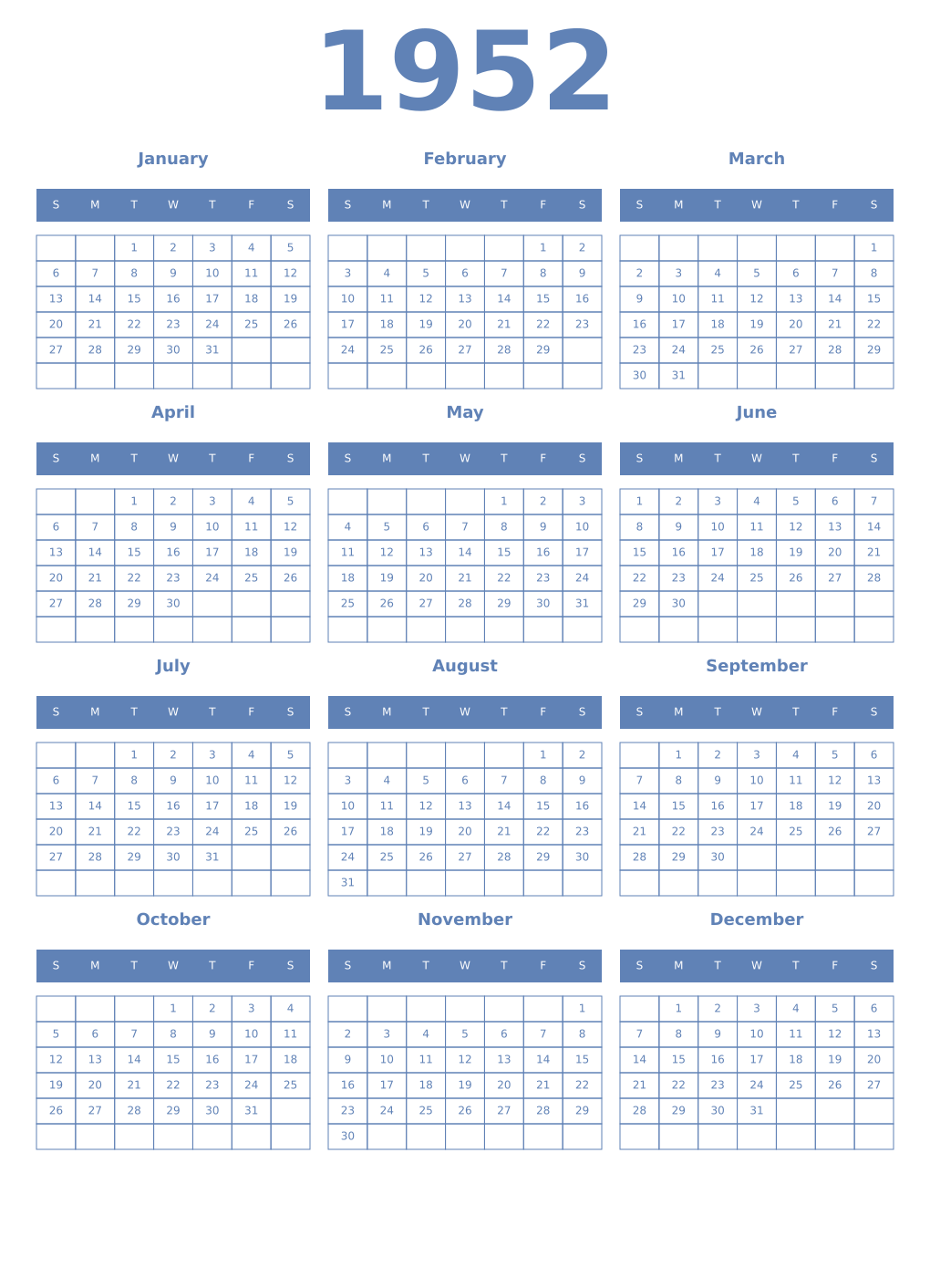 Printable 1952 Year Calendars glaucous