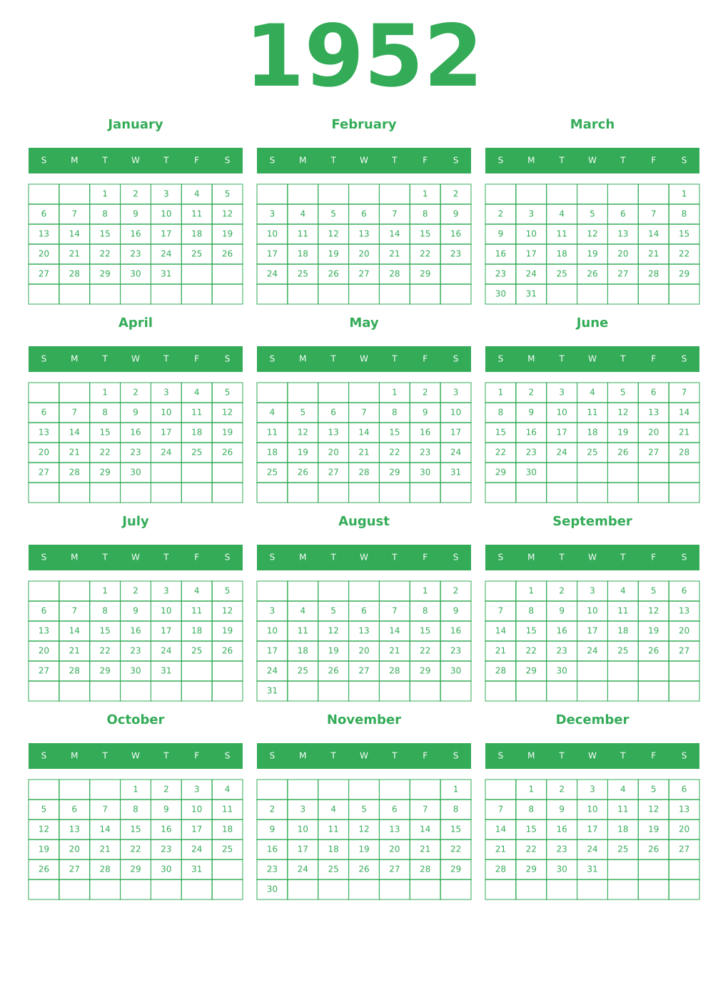 Printable 1952 Year Calendars green