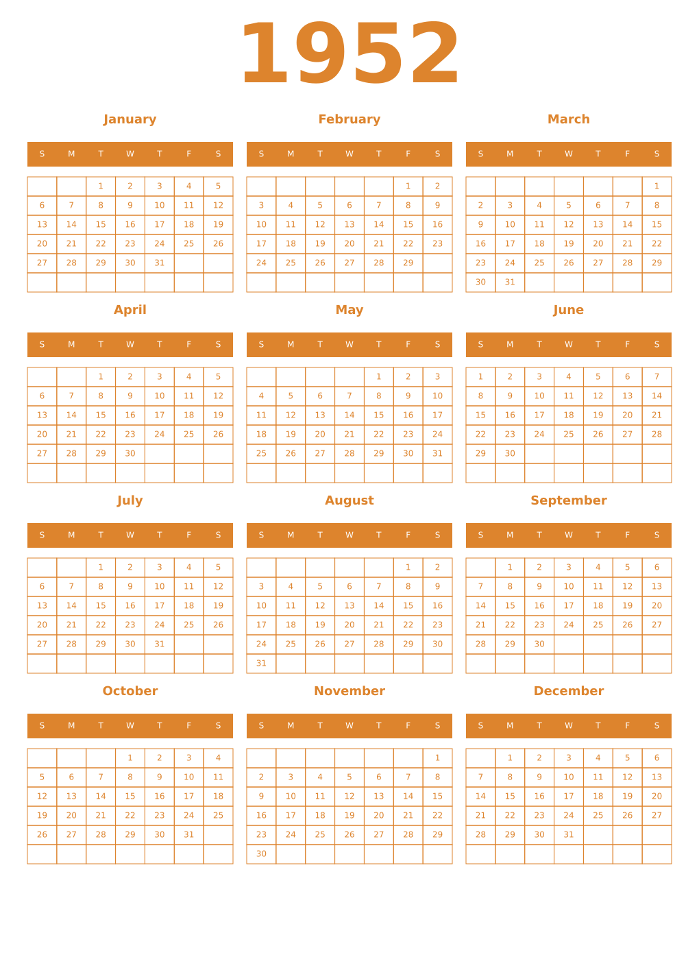 Printable 1952 Year Calendars orange