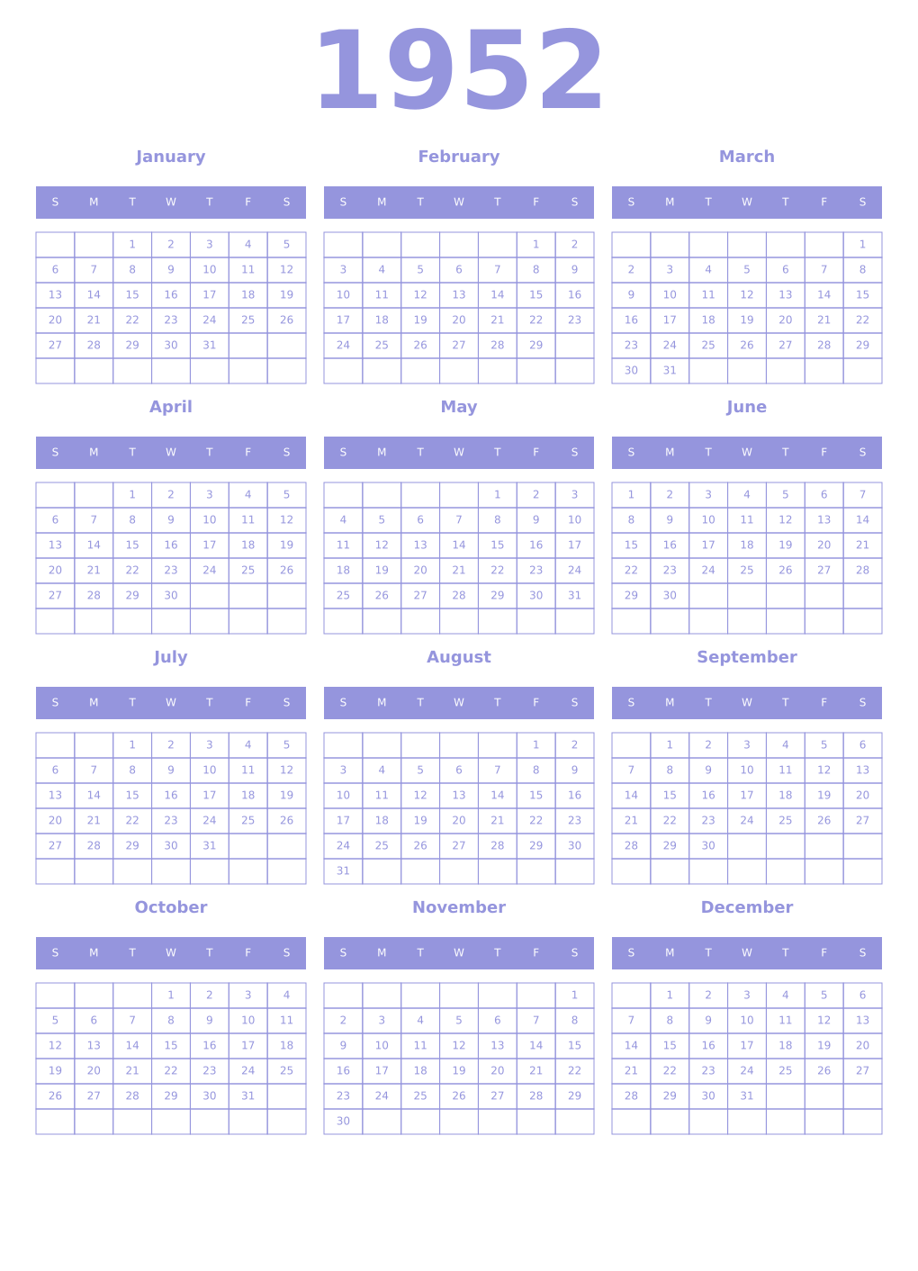Printable 1952 Year Calendars periwinkle