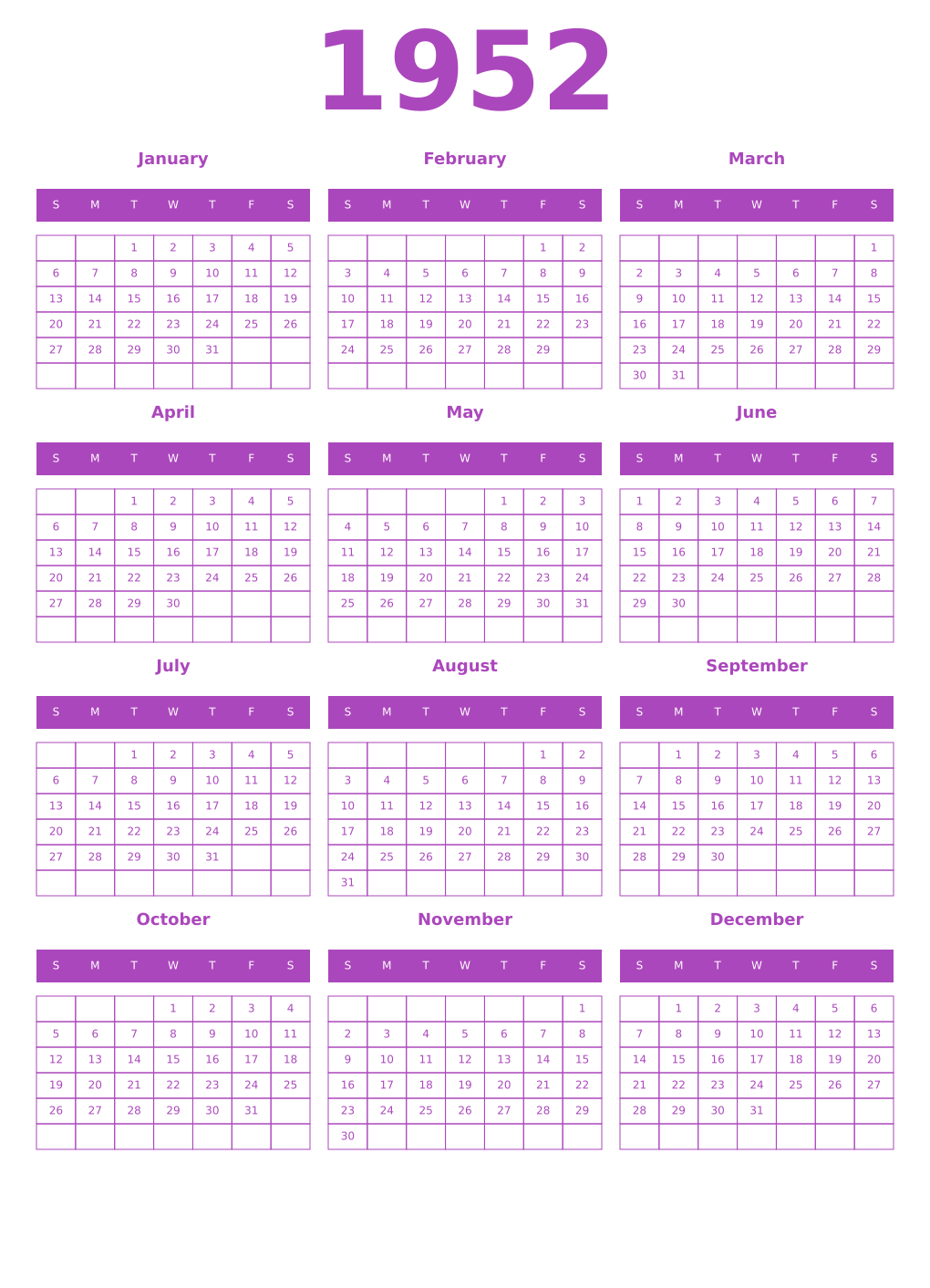 Printable 1952 Year Calendars purple