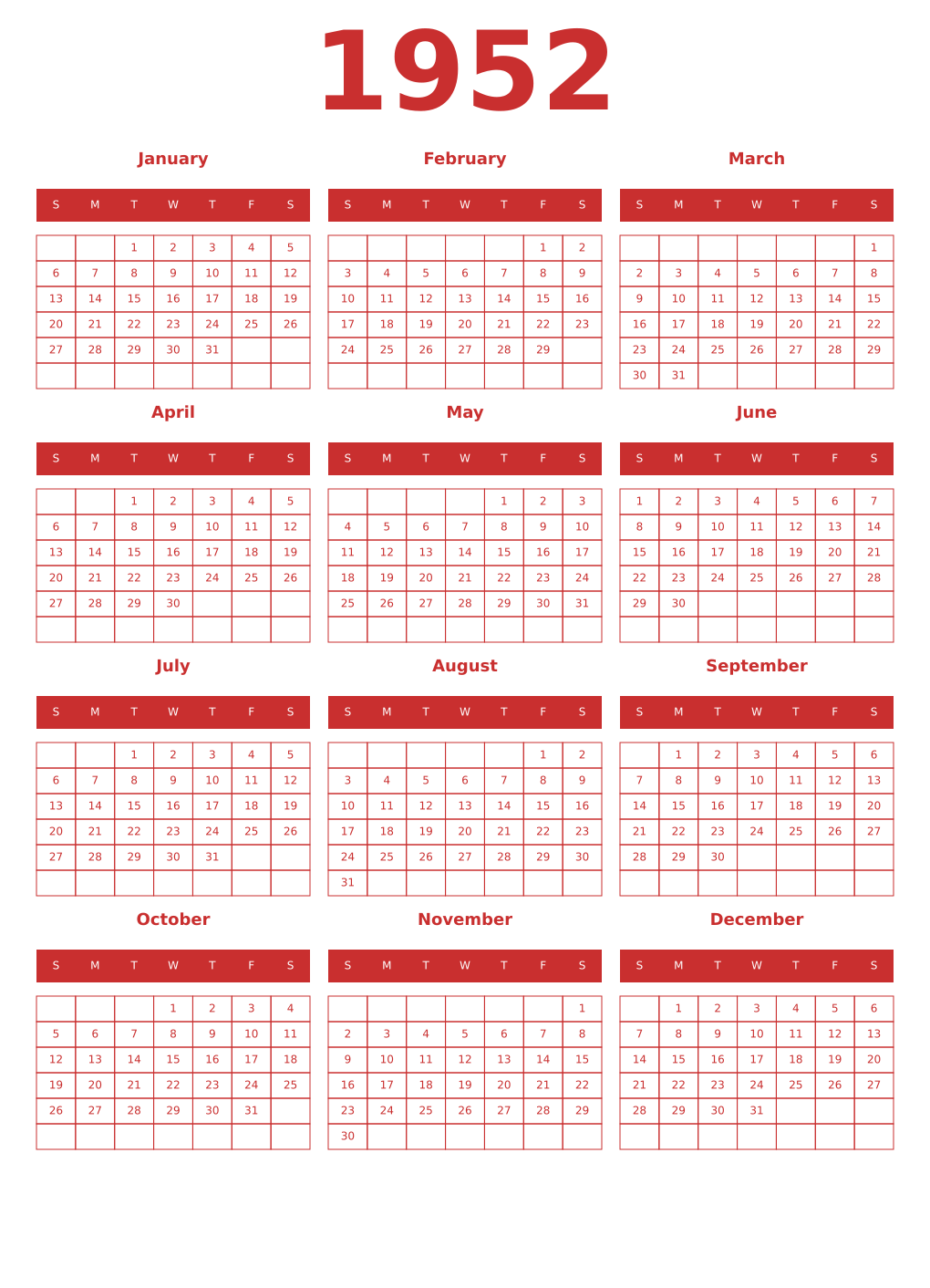 Printable 1952 Year Calendars red