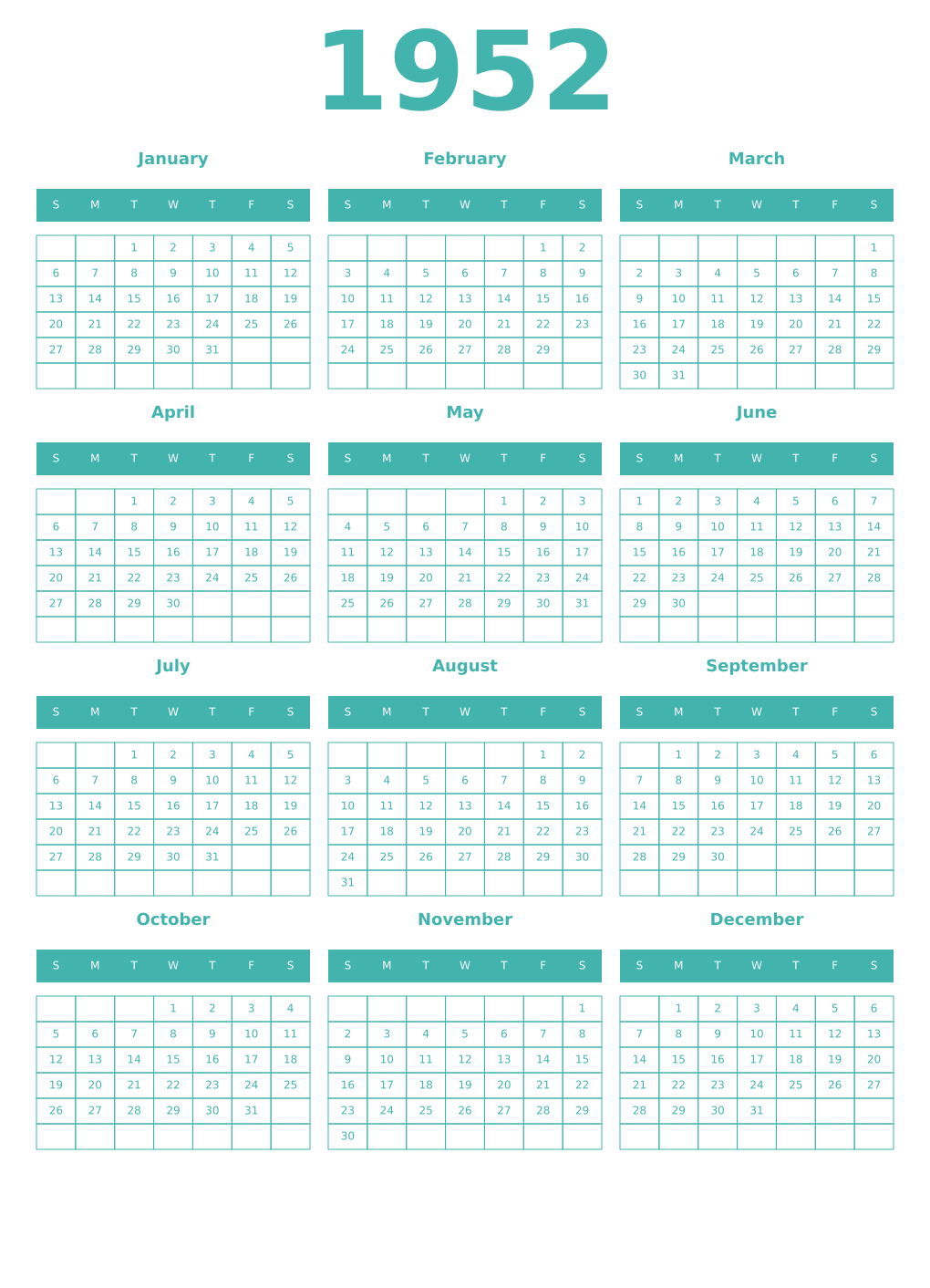 Printable 1952 Year Calendars verdigris