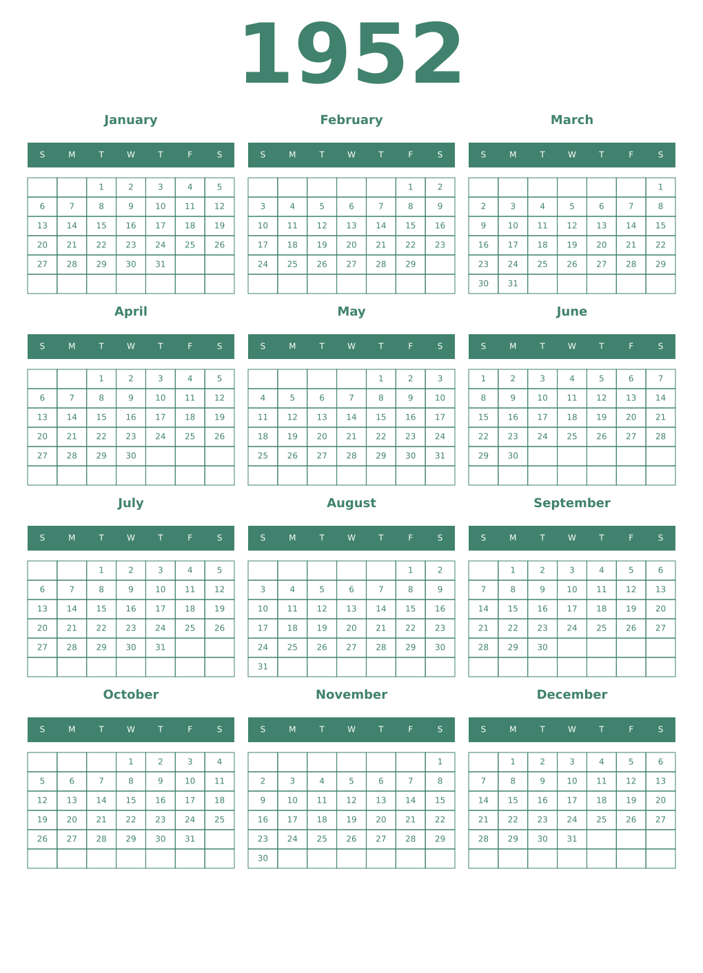 Printable 1952 Year Calendars viridian