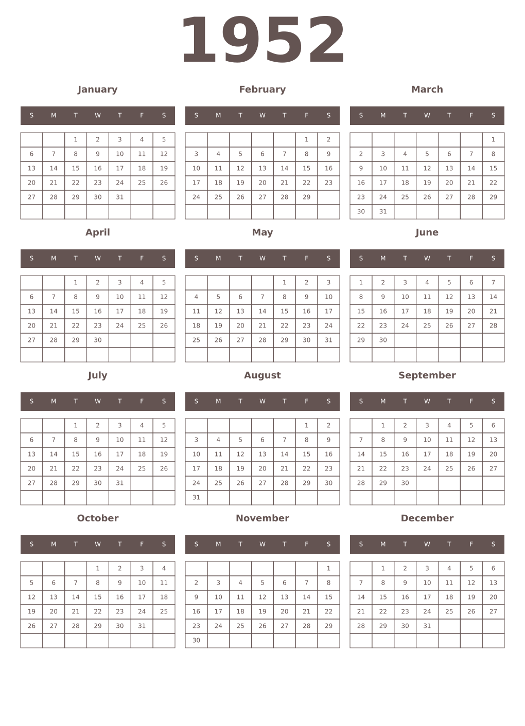 Printable 1952 Year Calendars wenge