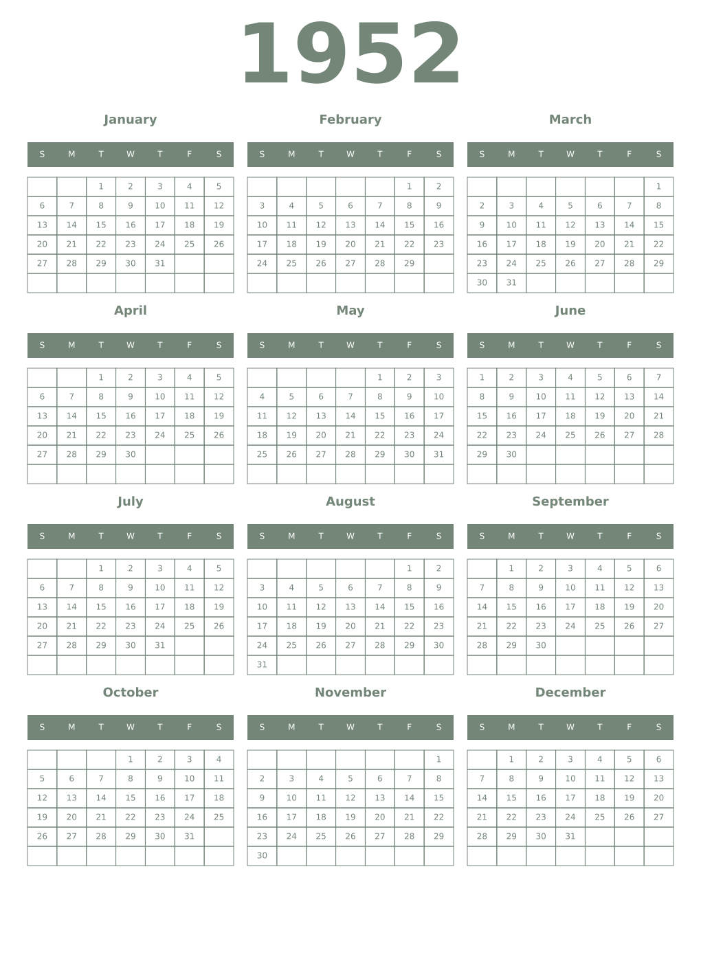 Printable 1952 Year Calendars xanadu