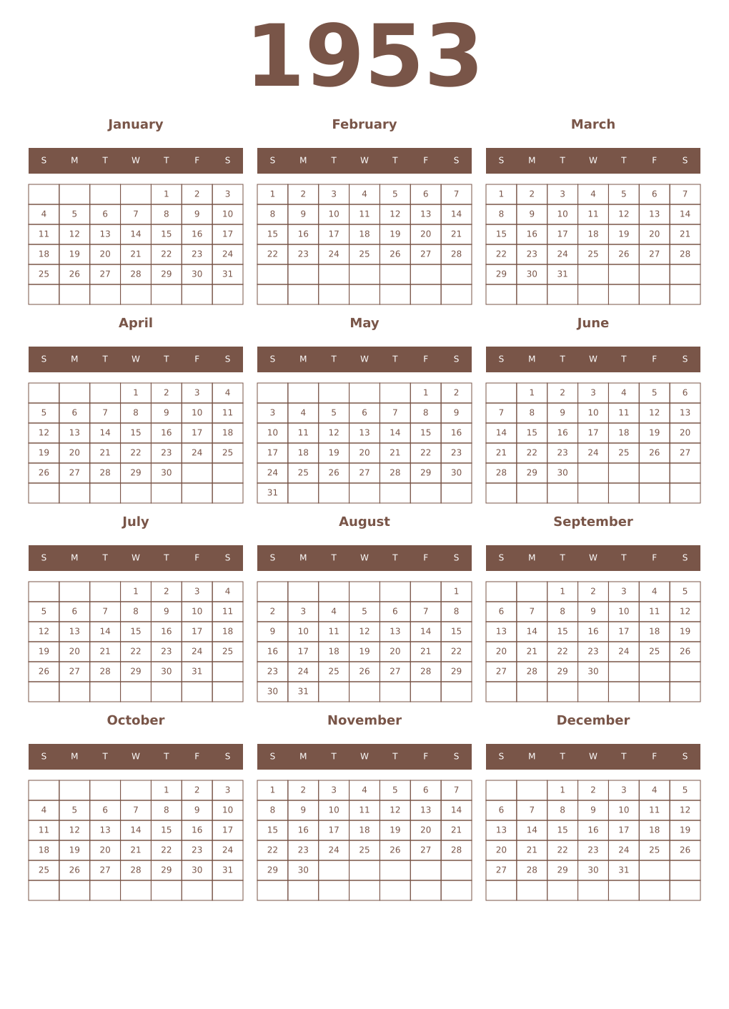 Printable 1953 Year Calendars coffe