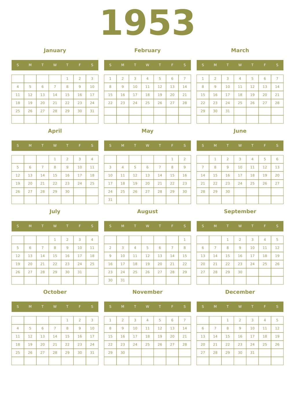 Printable 1953 Year Calendars eburnean