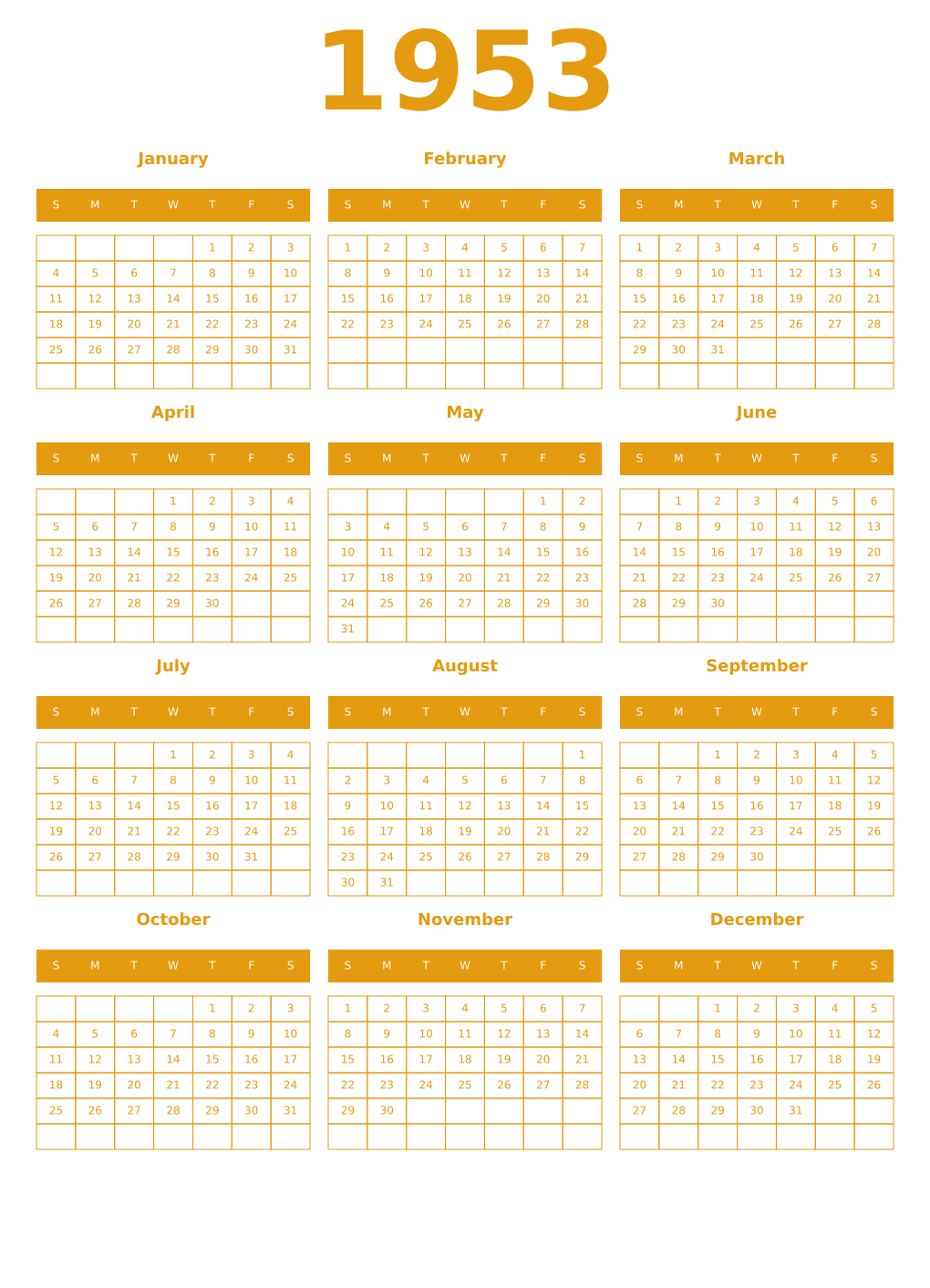 Printable 1953 Year Calendars gamboge