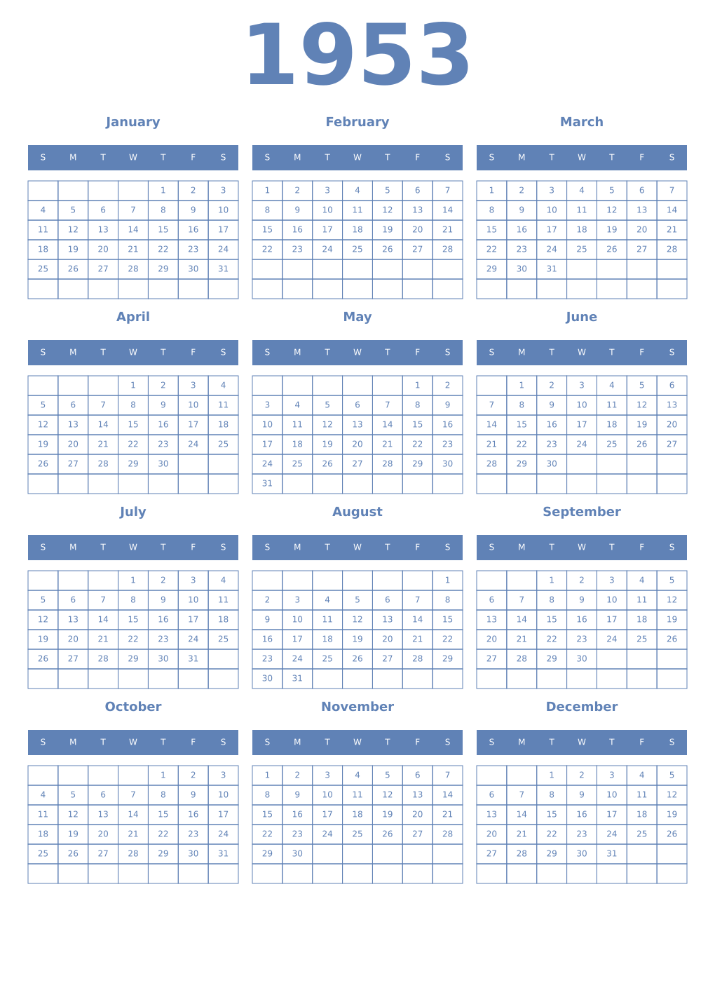 Printable 1953 Year Calendars glaucous