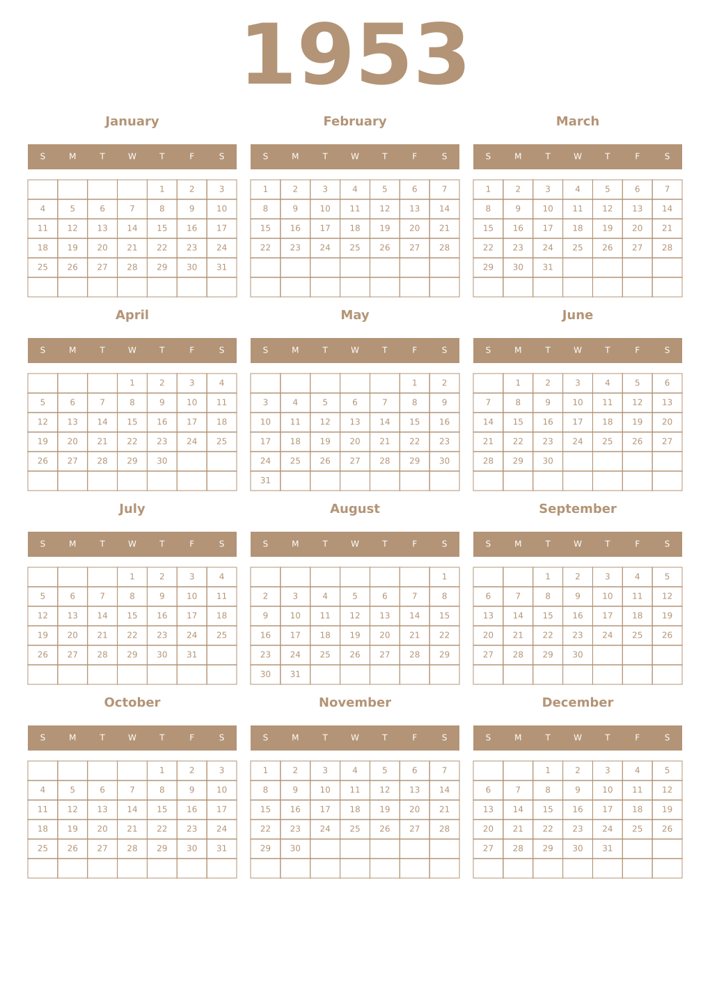 Printable 1953 Year Calendars isabelline