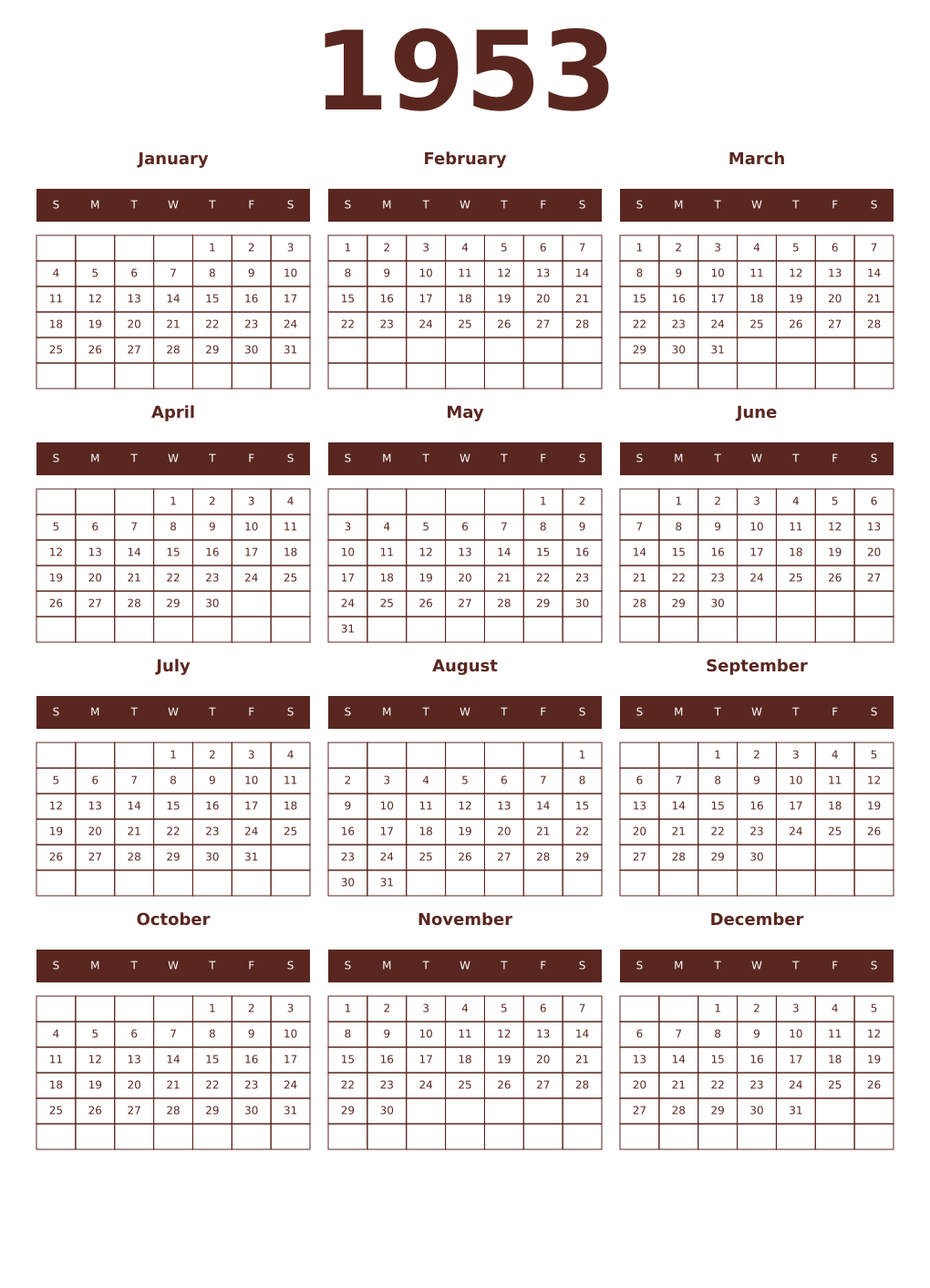 Printable 1953 Year Calendars mortuum