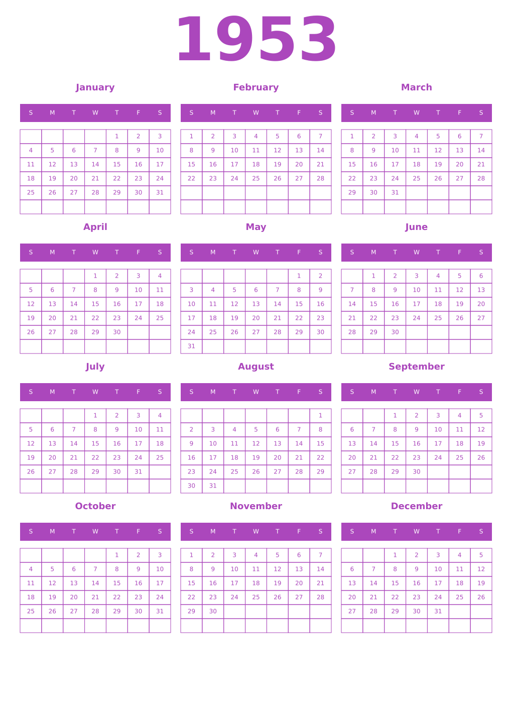 Printable 1953 Year Calendars purple