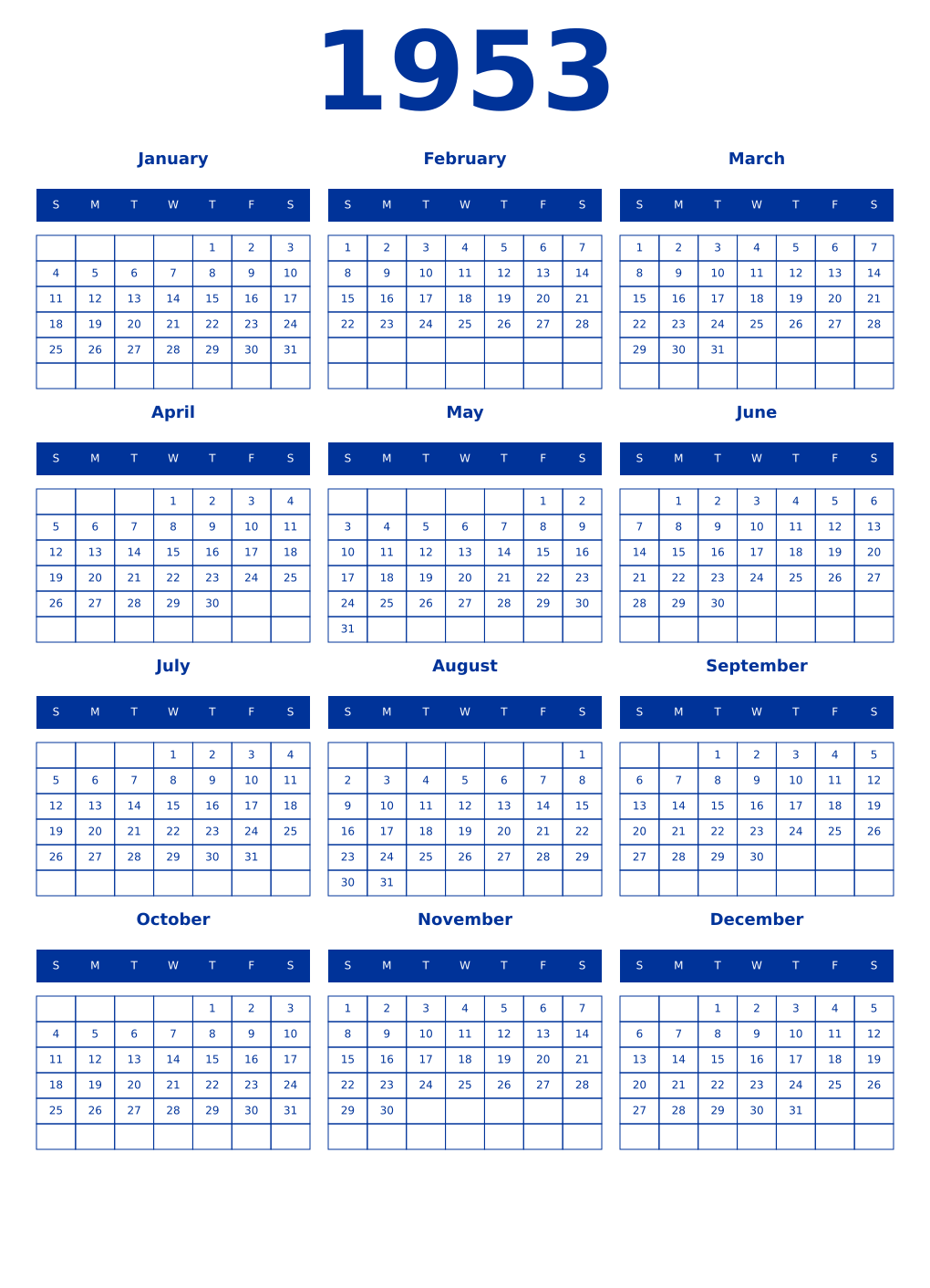 Printable 1953 Year Calendars smalt