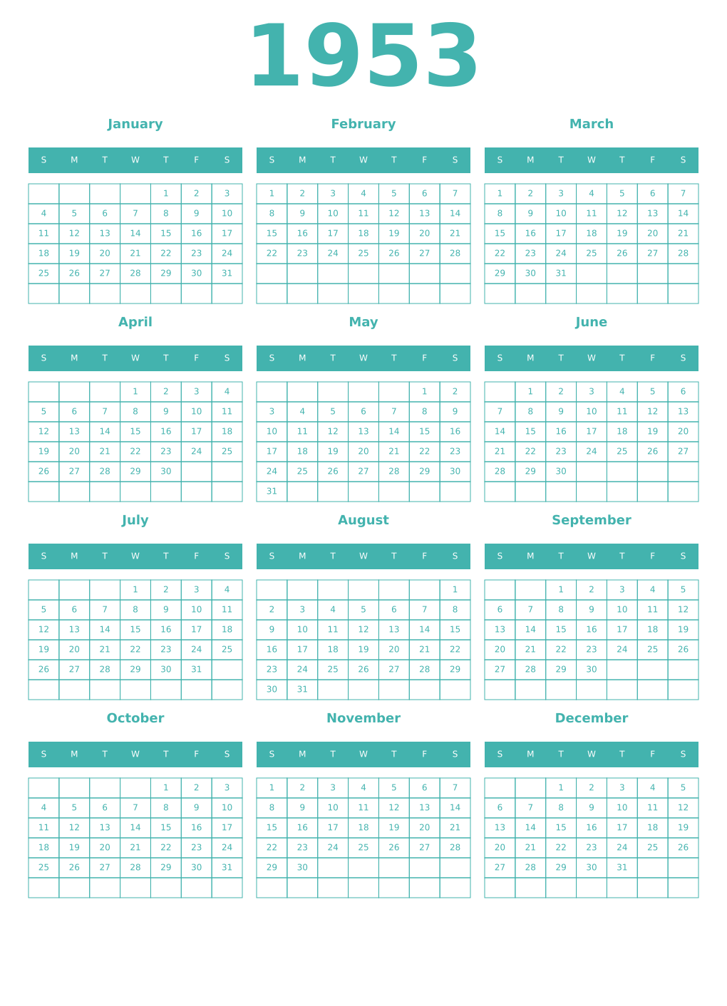 Printable 1953 Year Calendars verdigris