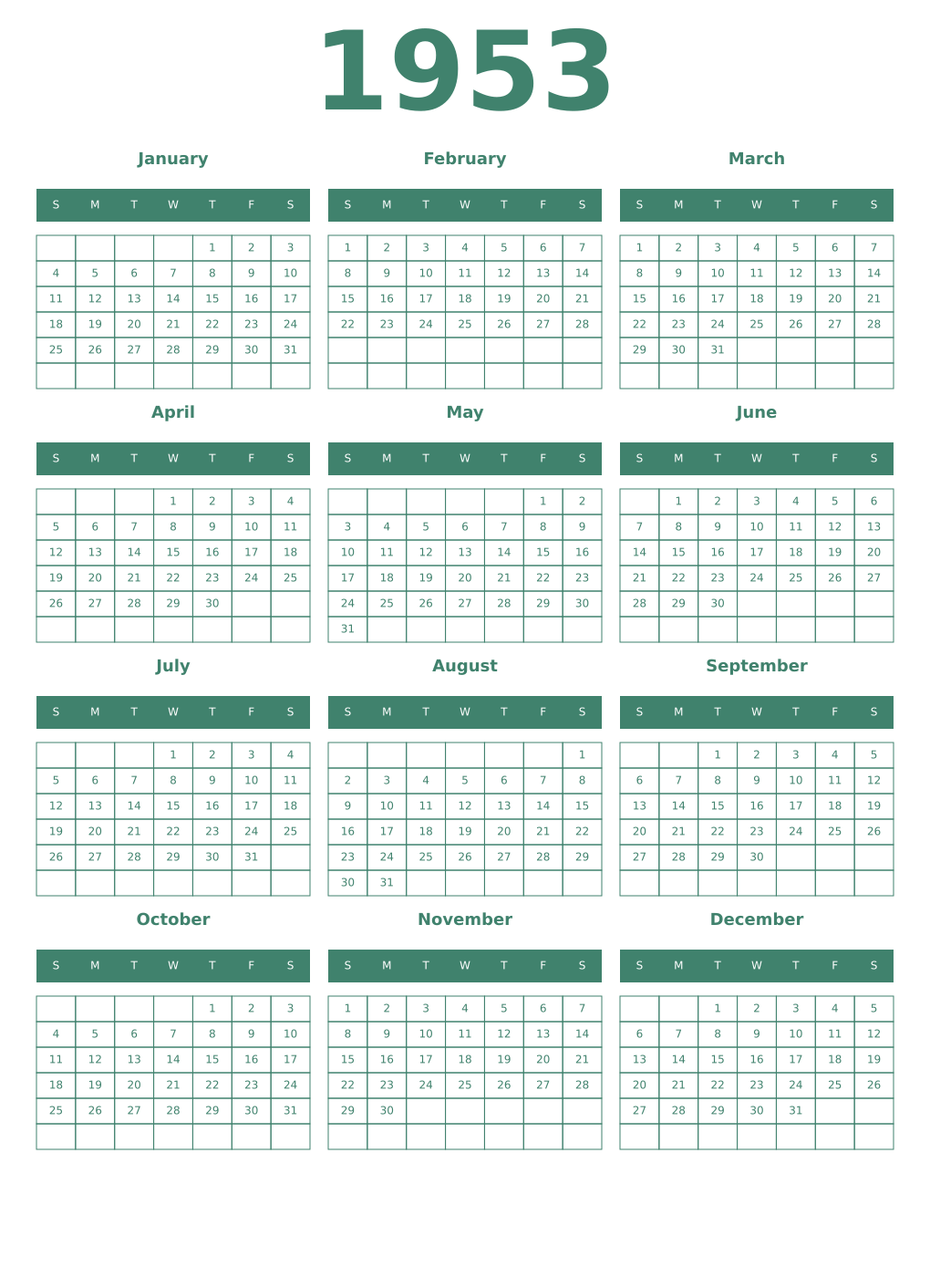 Printable 1953 Year Calendars viridian