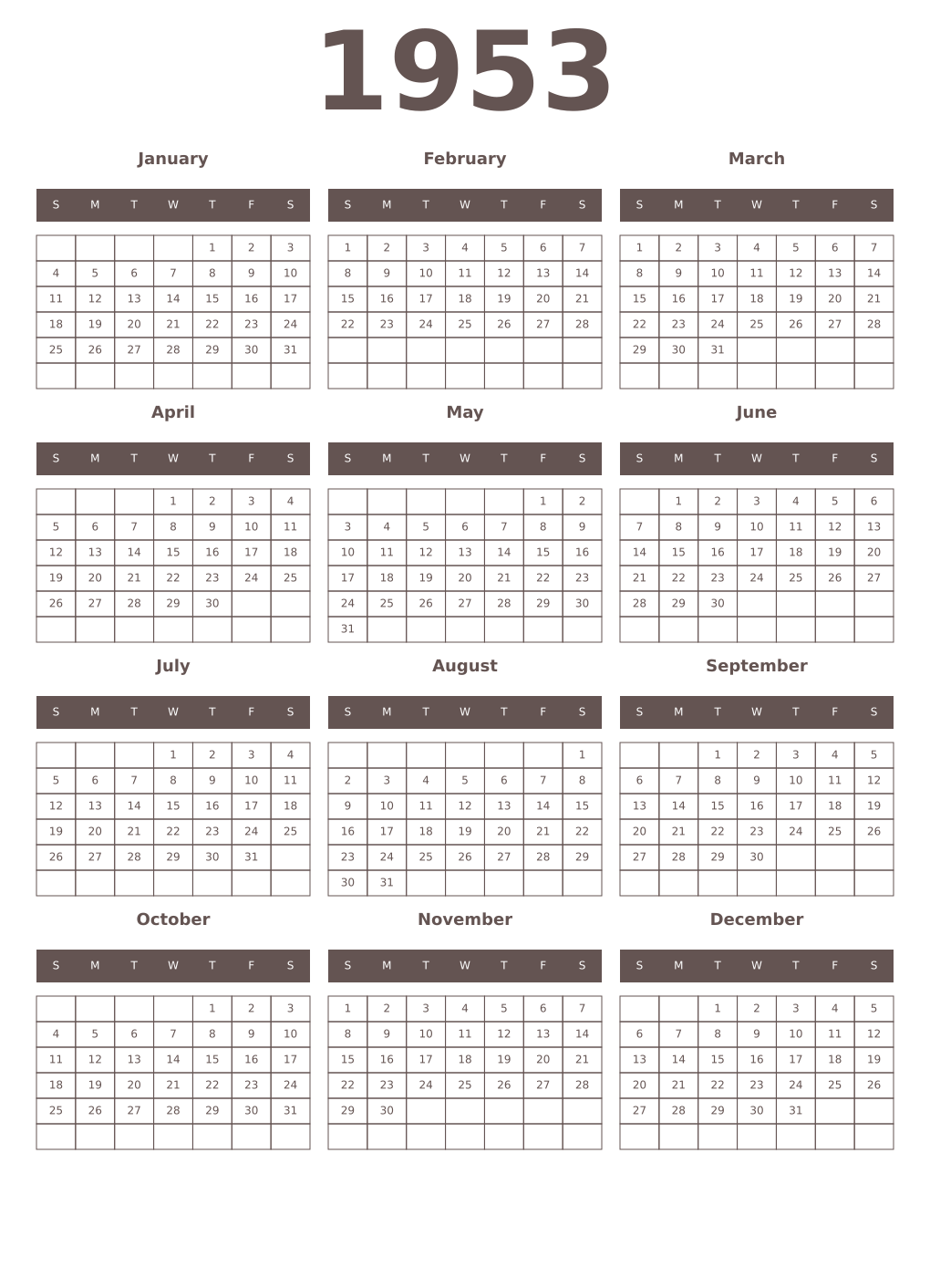 Printable 1953 Year Calendars wenge