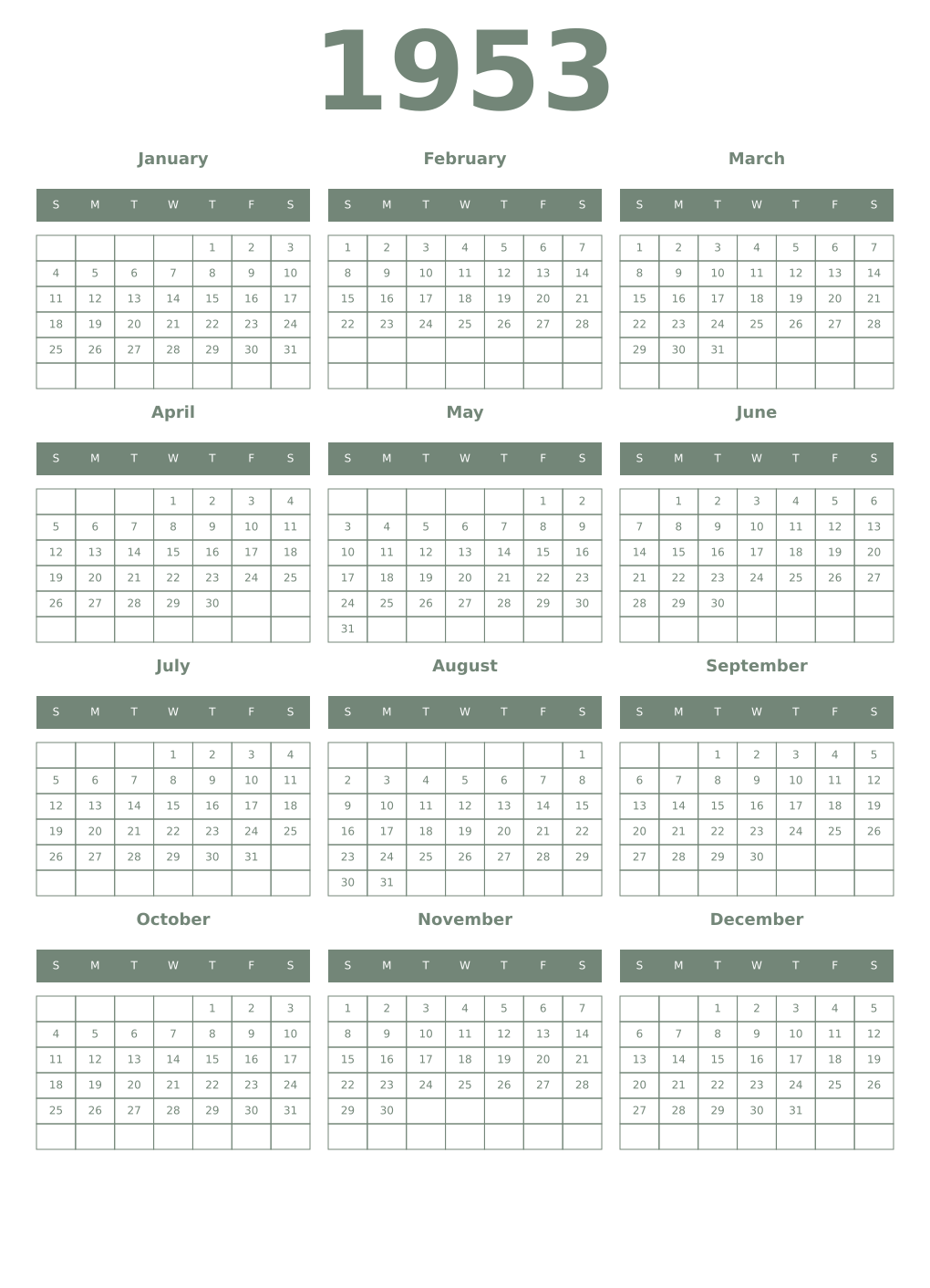 Printable 1953 Year Calendars xanadu