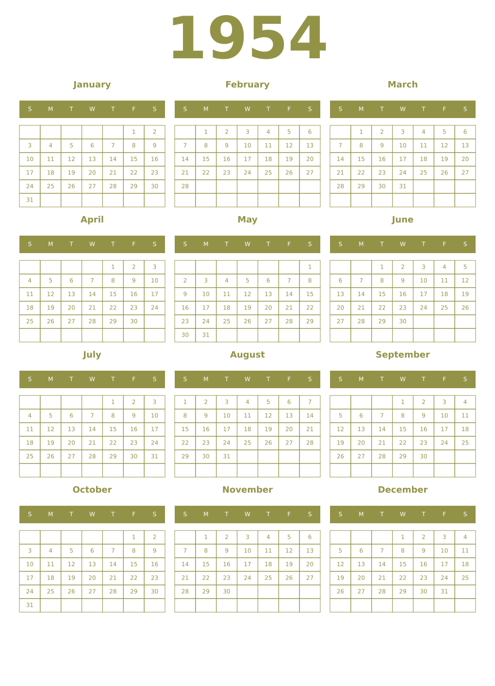 Printable 1954 Year Calendars eburnean