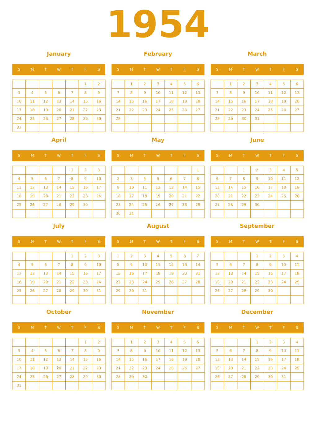 Printable 1954 Year Calendars gamboge