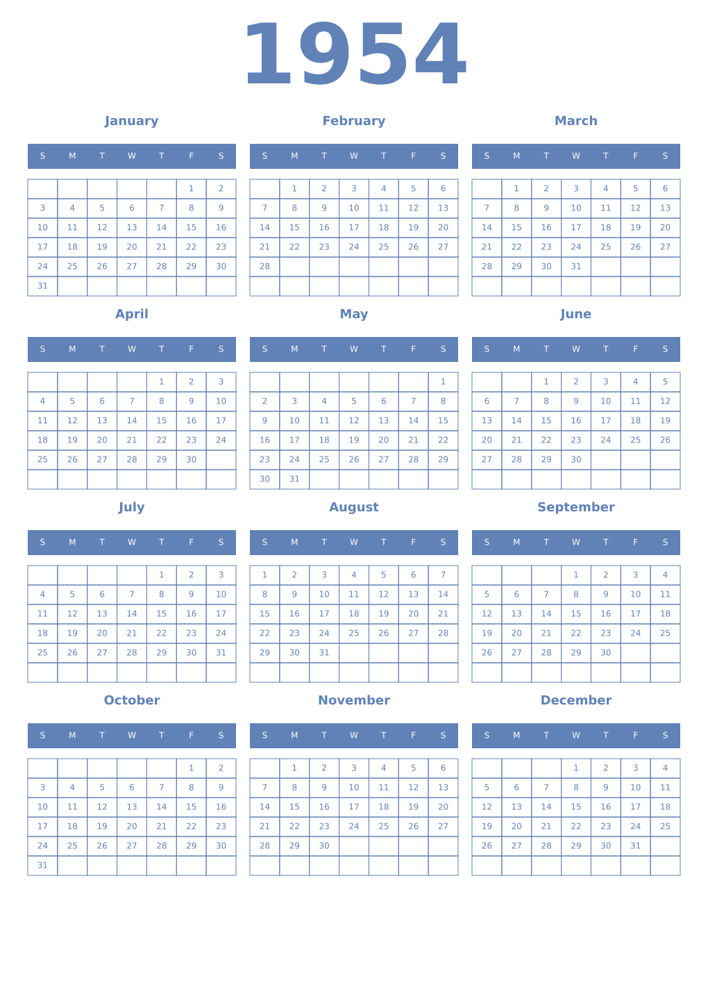Printable 1954 Year Calendars glaucous