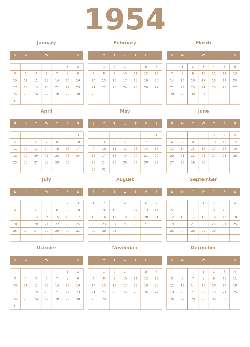 Printable 1954 Year Calendars isabelline
