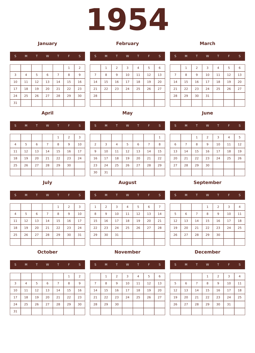 Printable 1954 Year Calendars mortuum