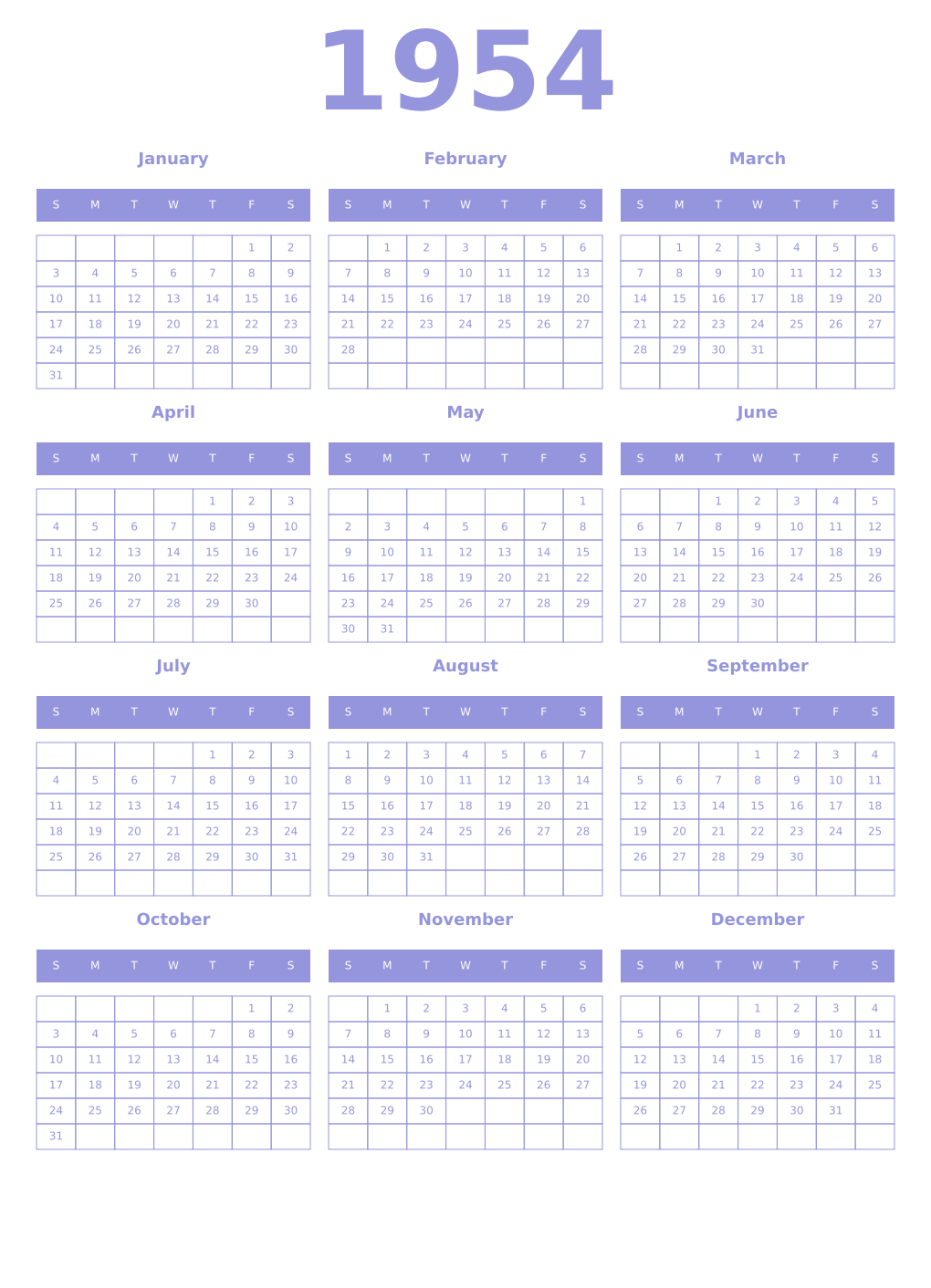 Printable 1954 Year Calendars periwinkle