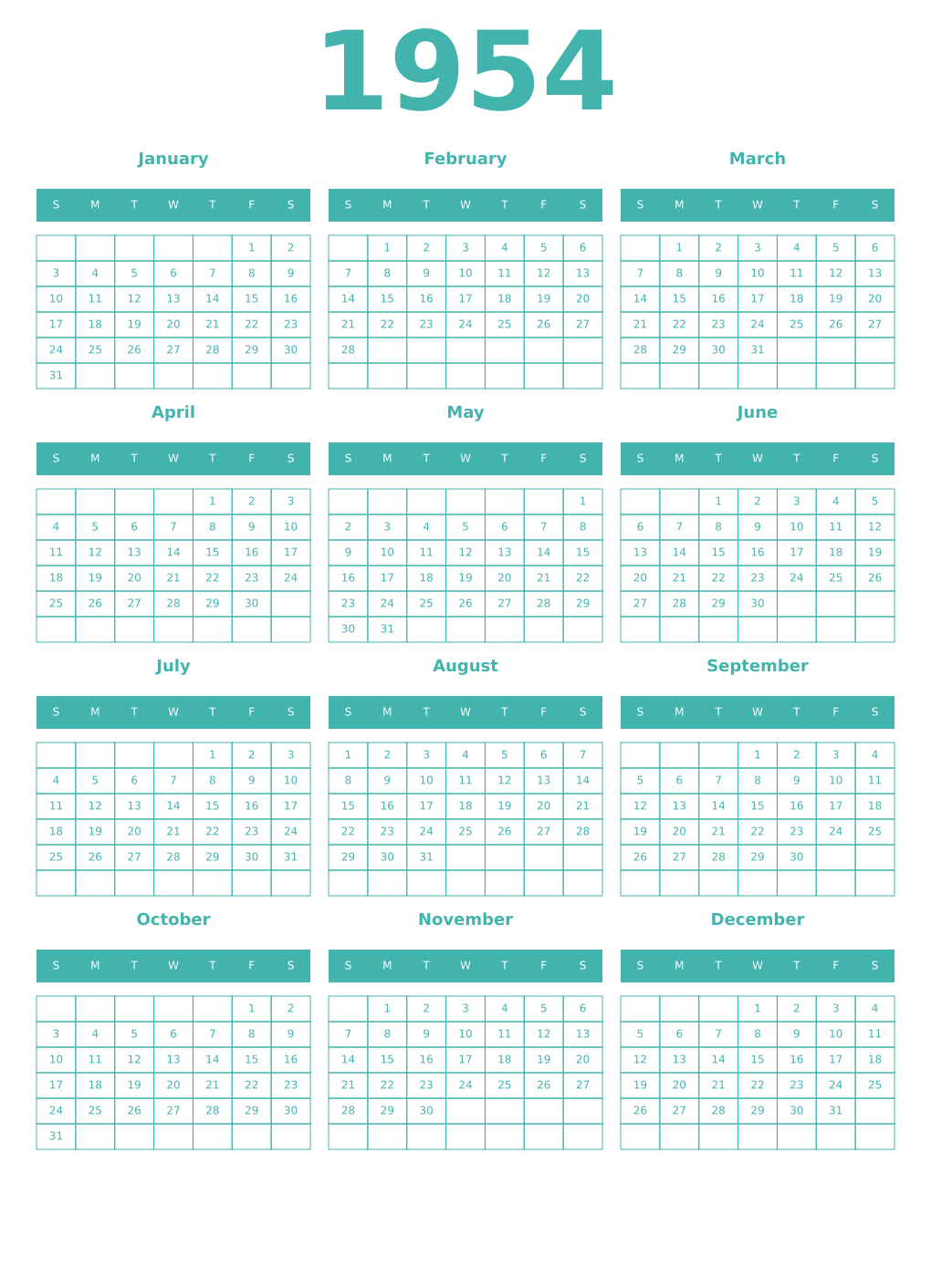 Printable 1954 Year Calendars verdigris